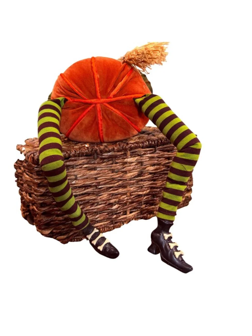 Rare find! Whimsical Halloween Pumpkin Witch Shelf Sitter Doll | Long Striped Le